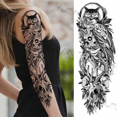 Owls & Skull Temporary Tattoo