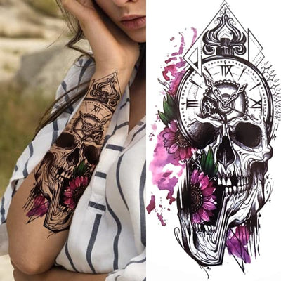 Pink Flower Skull Temporary Tattoo