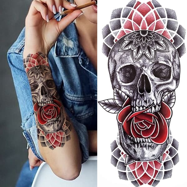 Red Rose Skull Temporary Tattoo